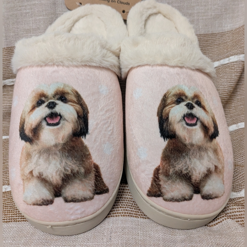 Snuggs Pink and Cream Shih Tzu Motif Slippers Size L/XL (Women's 8.5 To 11)